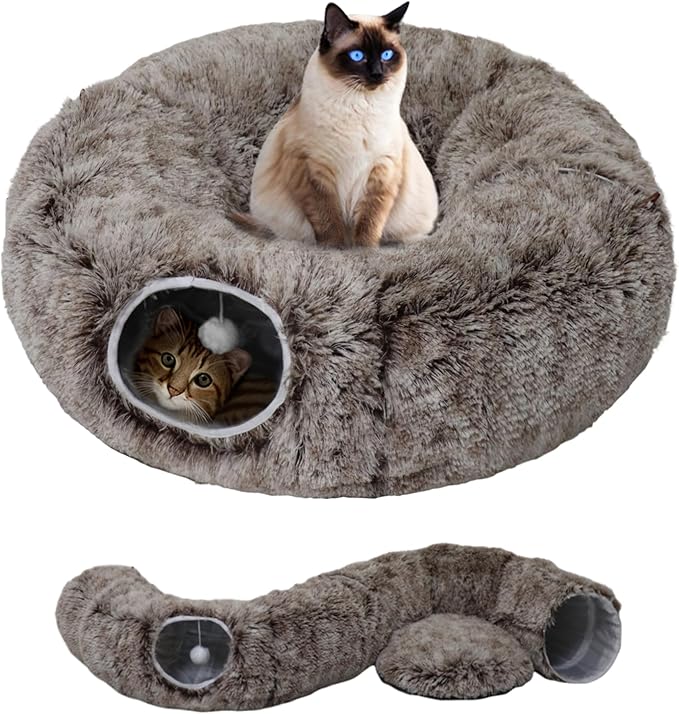 Cat Tunnel Bed for Indoor Cats with Washable Cushion Cat Cave Donut Tunnel with Fluffy Ball Big Round Tube Pet Playground Toys Soft Plush Peekaboo for Kitten, Cat, Puppy, Rabbit, Ferret（Brown）