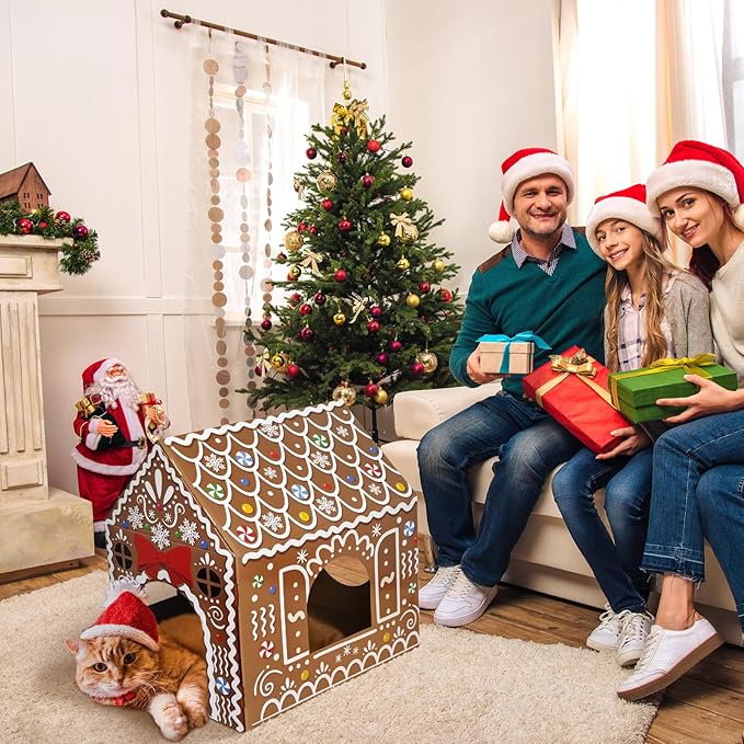 Cinrobiye Christmas Cardboard Cat House with Scratcher Pet Gingerbread Board Bed Cave Playhouse Hideaway Hideout Condo Decor Small Animals Scratch Box for Indoor Cats Kittens Rabbits Bunny (Brown, 1)