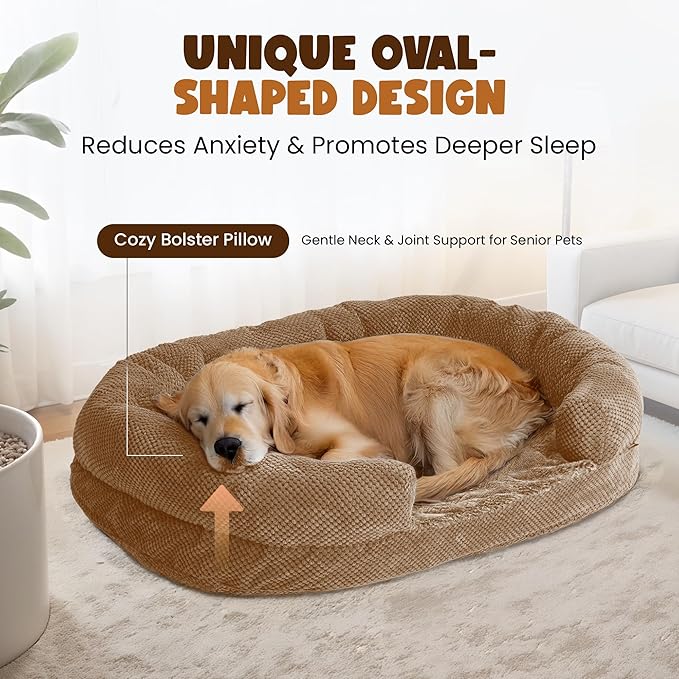 XXL Dog Bed for Extra Large Dogs – Orthopedic Egg Crate Foam Couch with Bolster, 4.7-inch Thick, Washable Removable Cover, Plush Sofa Pet Bed, XLarge Sized, 52"x40", Camel