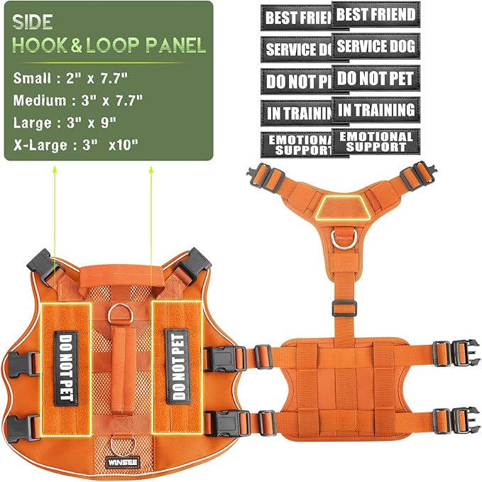 WINSEE Mesh Dog Harness with 10 Pet Patches for Large Service Dog in Training, Breathable Tactical Molle Vest with Double Handle, Reflective Military Pet Vest for Walking Hiking