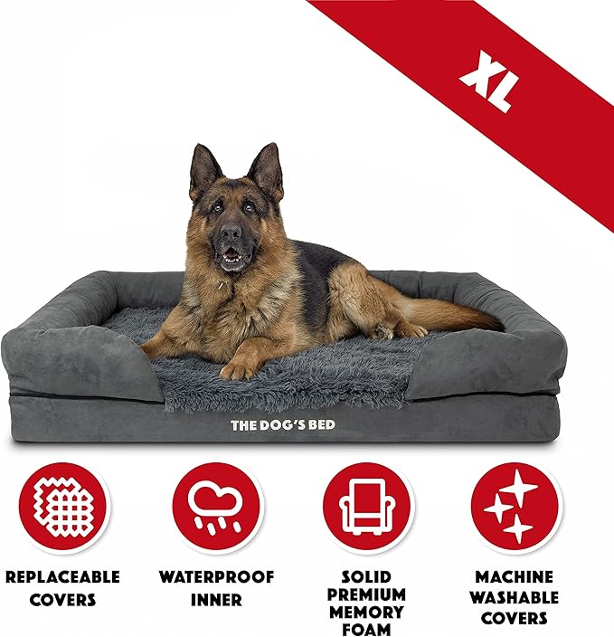 The Dog’s Bed, XL Grey Fur,Memory Foam, Pain Relief: Arthritis, Hip & Elbow Dysplasia, Post Surgery, Lameness, Supportive, Calming, Waterproof Washable Cover, Veterinary Approved