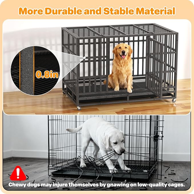 Heavy Duty Dog Crate 48 Inch, Indestructible Dog Crate with Removable Tray, Escape Proof & High Anxiety Dog Kennel Indoor, Metal Dog Cage with Wheels for Large Dogs, XL XXL XXXL