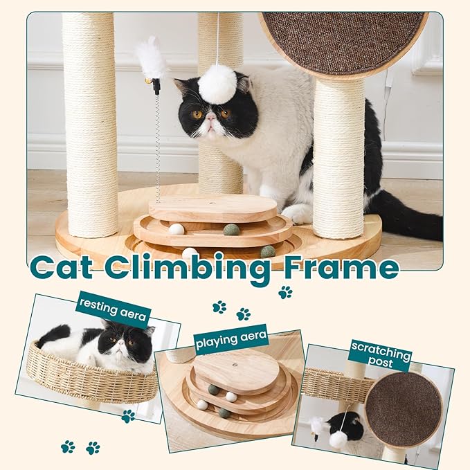 Solid Wood Cat Tree,Modern Cat Tower with Scratching Posts, Hand-Woven Beds & Toys | Heavy-Duty 20lbs Capacity,Indoor Cat Furniture for Big Cats