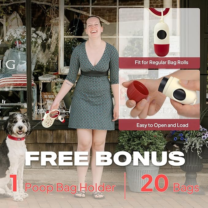 Fida Retractable Dog Leash with Dispenser and Poop Bags, 16 ft Pet Walking Leash for Small Dog or Cat up to 26 lbs, Anti-Slip Soft Handle, Tangle Free, Reflective Nylon Tape (S, Cherry)