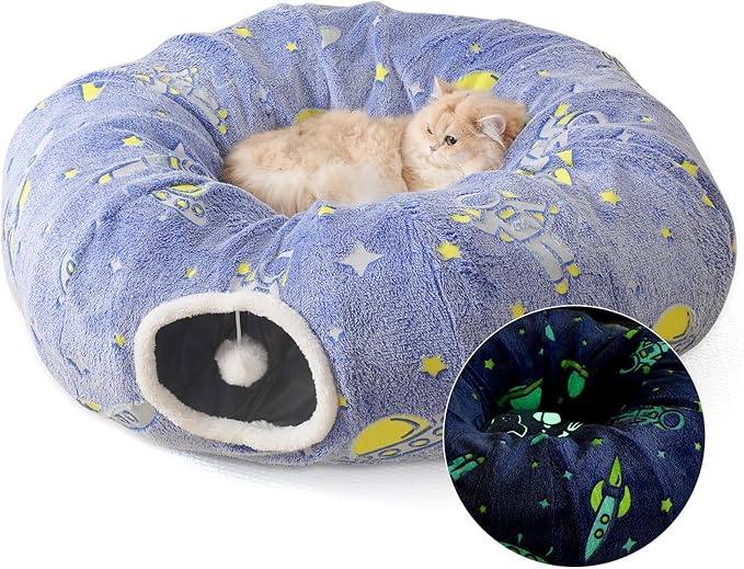Under Christmas Tree Large Cat Tunnels Bed Tube for Indoor Cats Glows in The Dark Cat Tunnel with Cushion and Plush Ball Toy Toys for Dog Puppy Kitten Rabbit Bunnies Ferret Pet Blue
