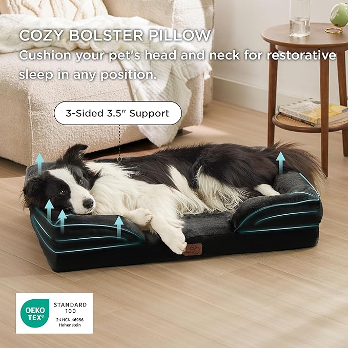 Bedsure Orthopedic Dog Bed for Large Dogs - Big Washable Dog Sofa Beds Large, Supportive Foam Pet Couch Bed with Removable Washable Cover, Waterproof Lining and Nonskid Bottom, Black