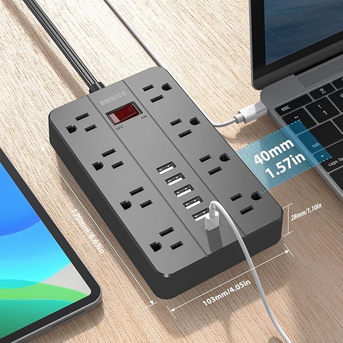Power Strip with USB,SMNICE Surge Protector Flat Plug with 8 Widely-Spaced Outlets & 6 USB(1USB C) Ports, Wall Mountable 5ft Extension Cord for Smartphone Tablet Laptop Computer Multiple Devices