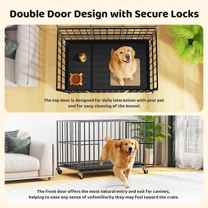 Heavy Duty Indestructible Dog Crate 48in with Removable Trays, Escape-Proof Double Door for High Anxiety Dog, Kennel with Lockable Wheels for Medium Large XL XXL Dogs