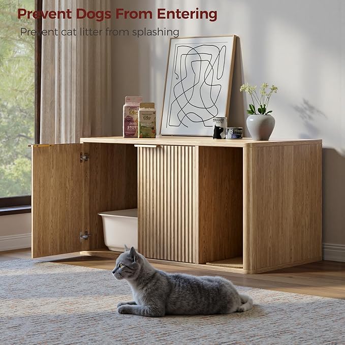 Evermagin 35.4" Oak Cat Litter Box Enclosure Furniture with Cat Scratch Pad, Large Hidden Litter Box Cabinet, Front Entry Can Install Left/Right, Mid Century Modern Kitty End Table, Kitty Bench