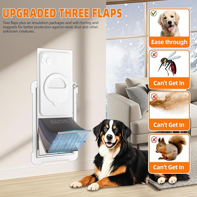 MIAOTONG 3-Flap Dog Door for Wall, Energy-Efficient Insulated Pet Door for Wall, Aluminum Lock Doggy Door for Wall,Steel Frame and Telescoping Tunnel Dog Doors(Pets Up to 100 Lb) -Large