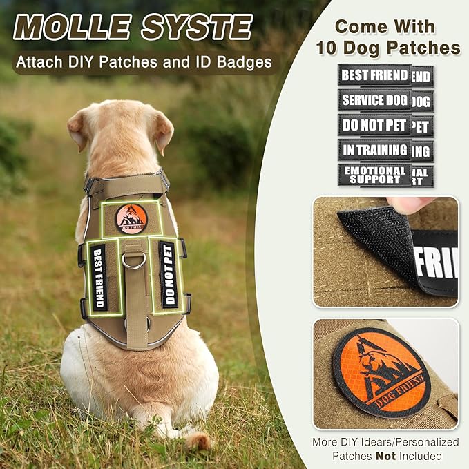 Tactical Service Dog Vest Harness and Leash Set,Heavy Duty Dog Harness with Metal Buckles for Large Dogs,Adjustable No Pull Pet Vest with 10 Patches,for Training Working,Brown L