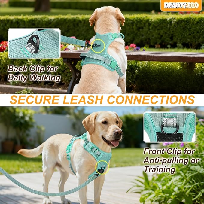 BEAUTYZOO No Pull Dog Harness, Adjustable Dog Harness and Leash Set -Easy Wearing with 3 Buckles/Control Handle,No Choke Soft Padded Reflective Pet Vest for Training Walking Hiking,Solid Aqua Blue S