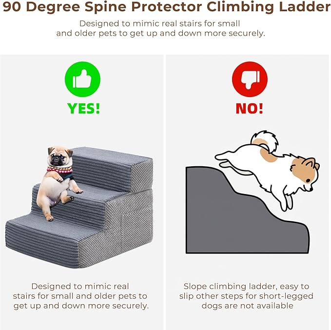 HYLEORY Dog Stairs for Bed 13.5''H, 3-Step Pet Stairs for Small Dogs Cats, Sturdy Pet Steps with Non-Slip Bottom, Functional Portable Dog Ramp for Couch/Chair/Sofa/Car, Storage Pocket, Grey-Light Grey