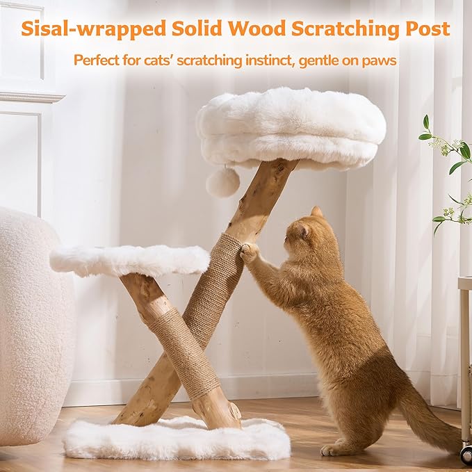 Cat Tree Modern Sturdy Solid Wood Cat Tower for Large Cat with Scratching Post for Indoor, Multifunctional Cat Tower with Cozy Bed and Platforms