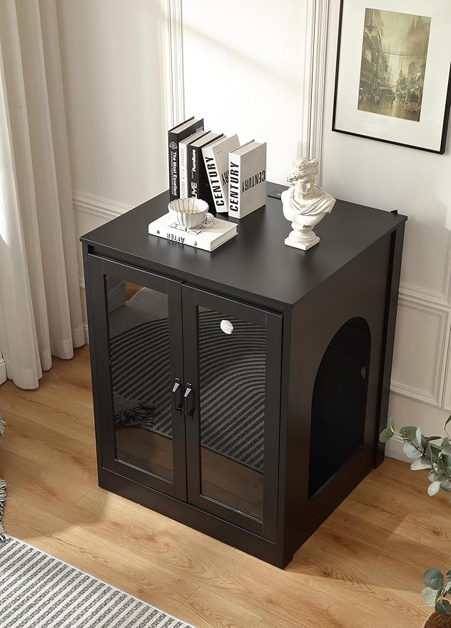 Cat Litter Enclosure with Cat-Observant Glass Doors,Litter Box Cabinet with Cozy LED for Cats,Reversible and Optional Entry(Left or Right),Power Outlet for More Choice,Black