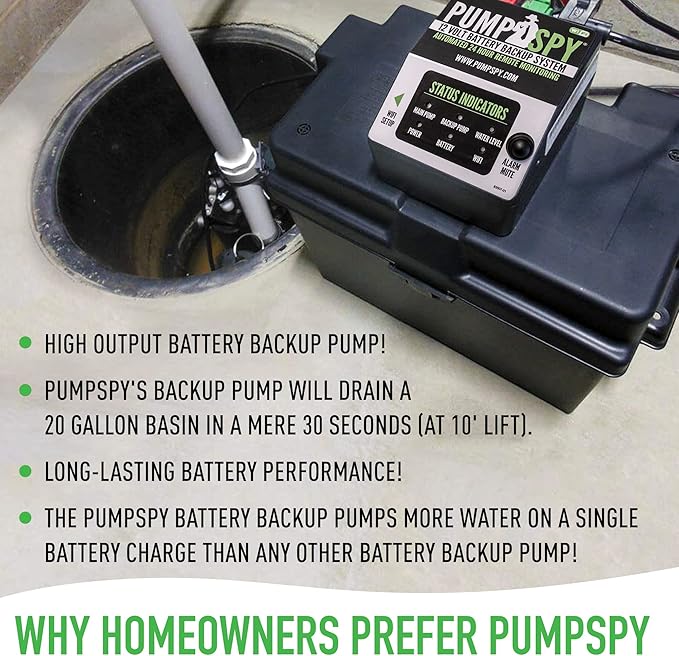 PumpSpy PS2000 WiFi Battery Backup Sump Pump System w/Internet Monitoring & Alerts, Sump Pump Battery Backup That Connects to 24/7 Remote Monitoring Service, Compatible w/PumpSpy App