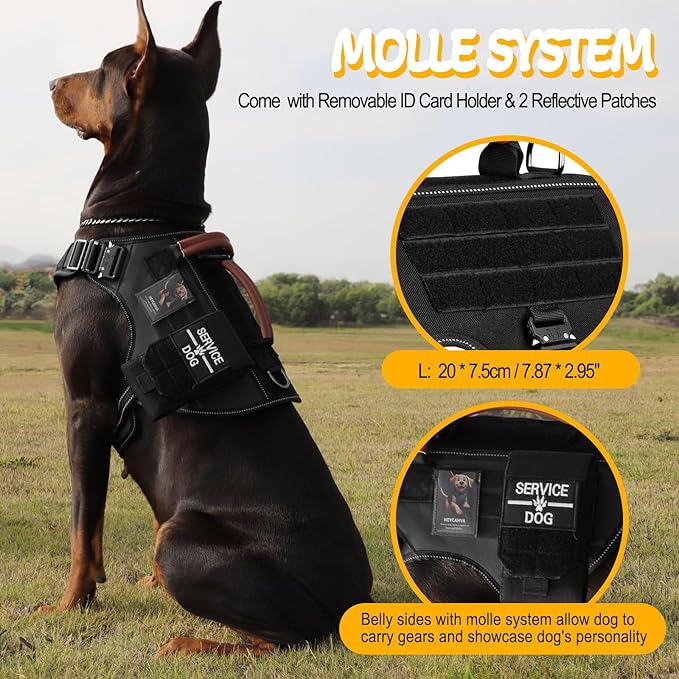 Service Dog Vest - HEYCAHVA Tactical Dog Harness Full Metal Buckles for Large Medium Dog Reflective No Pull Dogs Harnesses Vest with Leather Handle, Hook & Loop for Hiking Training (Black, L)