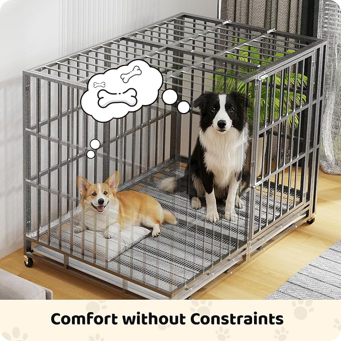 Heavy Duty Indestructible Dog Crate 60in with Removable Trays, Escape-Proof Double Door for High Anxiety Dog, Kennel with Lockable Wheels for Medium Large XL XXL Dogs