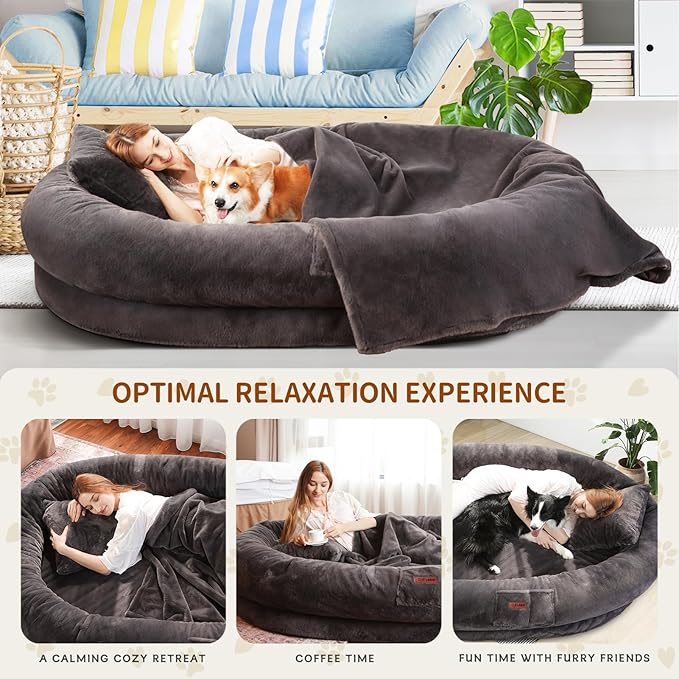 Human Dog Bed for Adults, 71"x51"x12" Washable Orthopedic Size, Faux Fur Removable, Cozy Large Present with Blanket and Pillow, Dark Grey