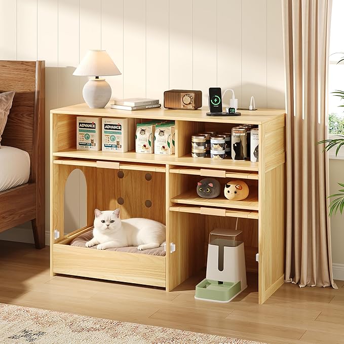 Cat Litter Box Enclosure Cabinet with Drawer, Hidden Litterbox Furniture with Storage, Boho Rattan Style Indoor Cat House Washroom, Fits Most of Litter Boxes