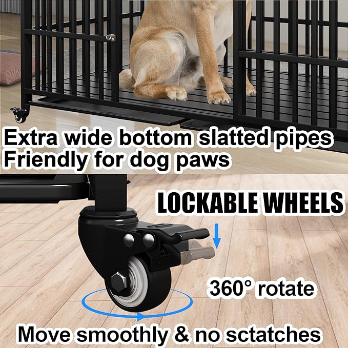 Heavy Duty Dog Crate 58 inch Durable Pet Dog Cage Crate Kennel with Roof Top 2 Doors Removable Trays Lockable Wheels Escape-Proof for High Anxiety Large/Extra Large Dogs Breeds