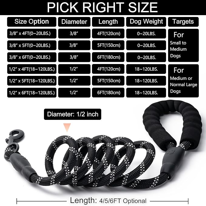 2 Pack Dog Leash, 4/5//6 FT Heavy Duty Nylon Rope Pet Leashes with Comfortable Padded Handle, Reflective Dog Leashes for Small Medium and Large Dogs (5FT-1/2,Black/Pink)