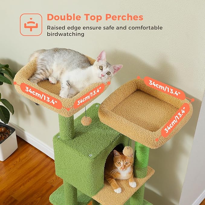 Cactus Cat Tree, 52.4 Inch Multi-Level Cat Tower for Indoor Cats with Dual Padded Top Perches, 2 Condos & Scratching Posts, Plush Cat Furniture for Kittens and Medium Cats, Green