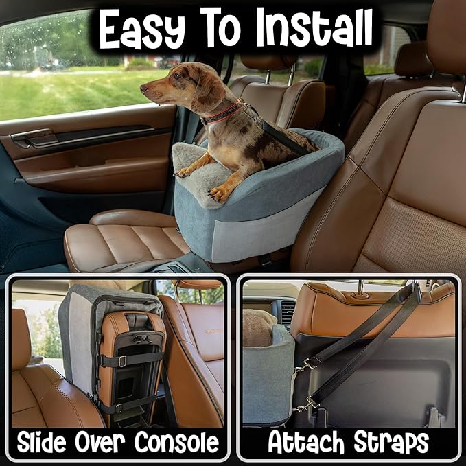 Center Console Dog Car Seat | 11 lbs MAX | Safety Straps & Leash | Comfortable Foam and Plush Pillows | Adjustable Mount Design | Large Storage Pockets | Perfect for Small Pets & Cats (Grey)