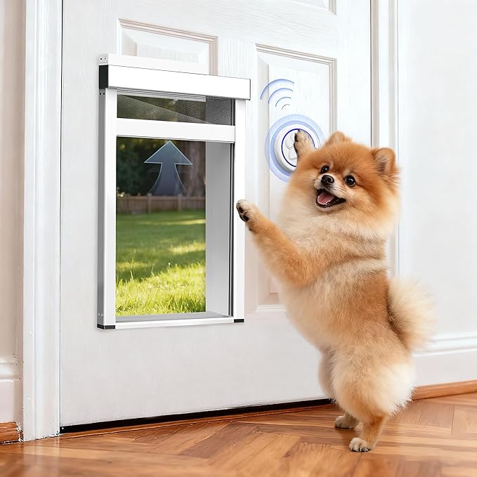 Small Dog Door for Door,Electronic Pet Automatic Door Smart Aluminum Dog Door with Dogbell Activated Auto Lift, Lockable Weatherproof Telescoping Tunnel for Small Pets(Pets Up to 12 Lb)