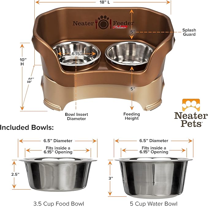 Neater Pet Brands Neater Feeder Deluxe Mess Proof Dog Bowls Elevated for Medium Dogs 19-40 lbs, Made in USA, No Spill Raised Dog Food Bowl Stand Feeding Station, Food and Water Bowl Set, Bronze