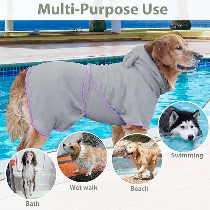 Dog Bathrobe Super Absorbent Towel Robe - Microfiber Bath Towels Fast Drying Coat for Dogs, Cute Dogs Clothes Adjustable Collar & Belly Strap Warm Keeping Hooded Dog Towel (Grey, X-Large)