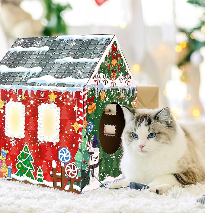 Christmas Cardboard Cat House with Scratcher 16.5"x 13"x19" Christmas Cat Scratcher House for Indoor Cats’ Birthday Large Cat Scratcher Box