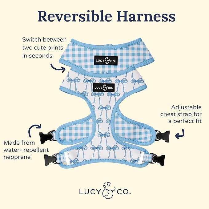 Lucy & Co. Cute Reversible Dog Harness Walking Halter - Best Designer Pet Harnesses for XS - XL Dogs - Padded Adjustable Vest for Easy Walking - Medium - White with Blue Bows