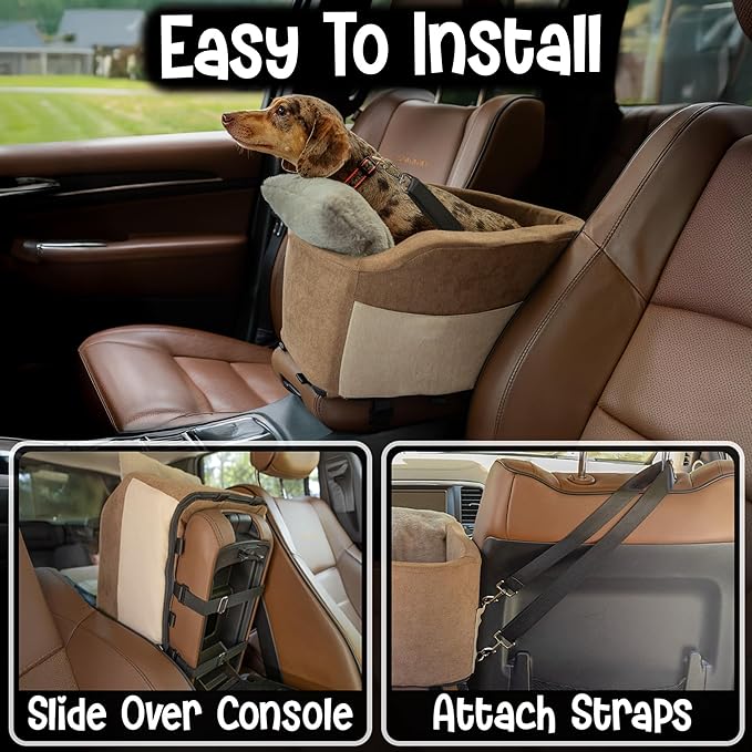 Center Console Dog Car Seat | 11 lbs MAX | Safety Straps & Leash | Comfortable Foam and Plush Pillows | Adjustable Mount Design | Large Storage Pockets | Perfect for Small Pets & Cats (Brown)