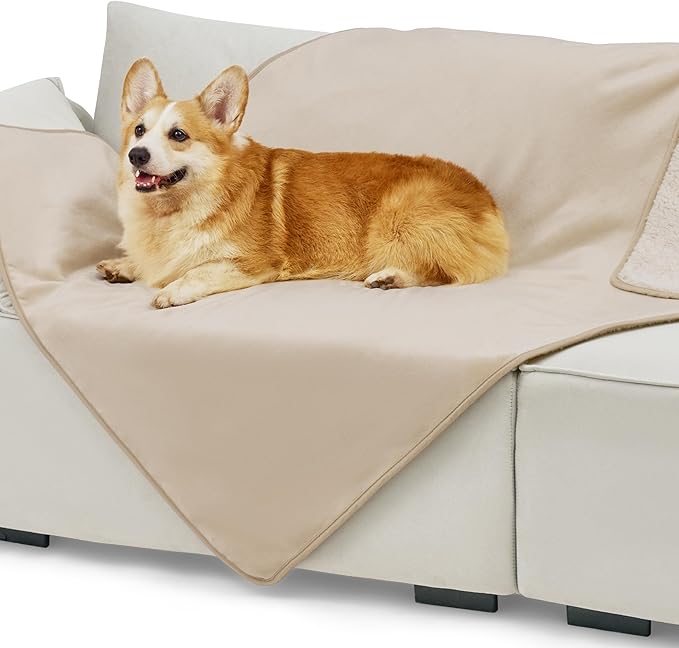 Bedsure Cat Blanket for Indoor Cats - Waterproof Calming Cat Blankets for Couch Protection, Sherpa Fleece Pet Blanket, Soft Plush Reversible Throw Furniture Protector, 50"x40", Cream