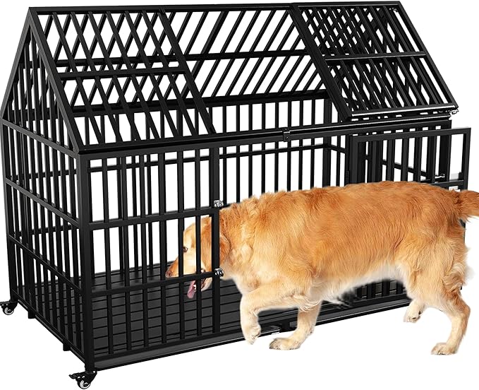 Heavy Duty Dog Crate 58 inch Durable Pet Dog Cage Crate Kennel with Roof Top 2 Doors Removable Trays Lockable Wheels Escape-Proof for High Anxiety Large/Extra Large Dogs Breeds