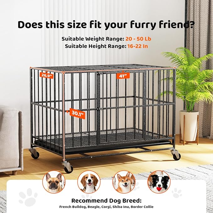 Heavy Duty Indestructible Dog Crate 42in with Removable Trays, Escape-Proof Double Door for High Anxiety Dog, Kennel with Lockable Wheels for Medium Large XL XXL Dogs
