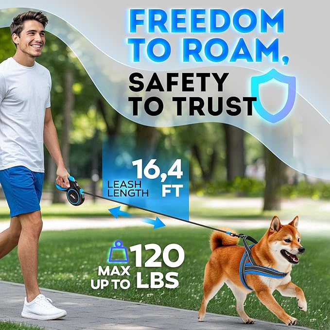 2026 New - Heavy Duty Retractable Dog Leash for Small, Medium & Large Dogs up to 120 lbs – 16.4 ft Strong Nylon Tape, 360° Tangle-Free Control – One-Click Quick Lock for Smooth Walks – Ergonomic Grip