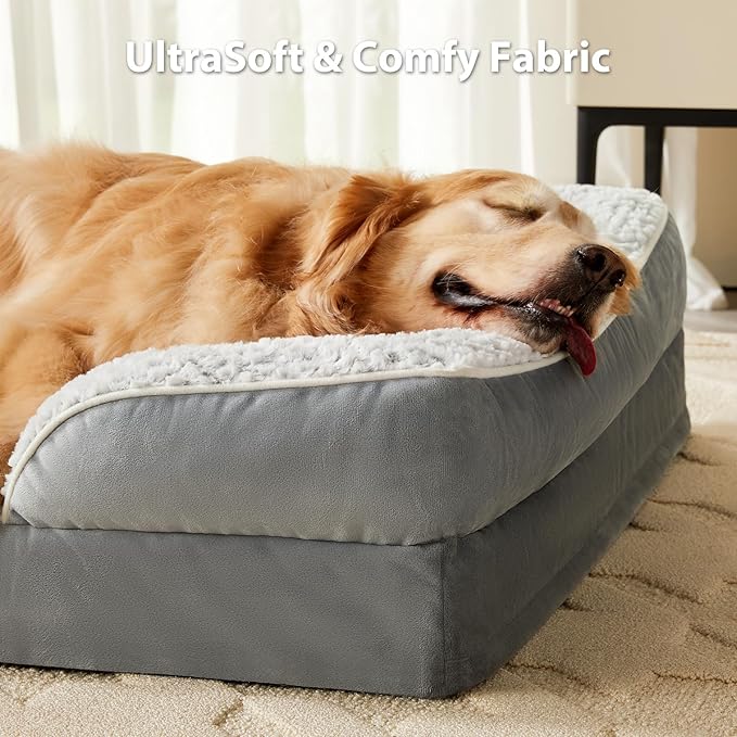 Orthopedic Dog Beds for Large Dogs,Waterproof Dog Bed, Egg Crate Foam Bed for Large Dogs, Big Pet Bed with Washable Removable Waterproof Pillow Cover and Anti-Slip Bottom, Grey