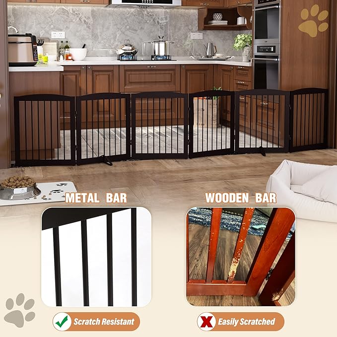 Freestanding Pet Gate for Dogs, Foldable Wooden Dog Gate for House, Extra Wide Indoor Pet Barrier for Stair, Doorway, Hall, Support Feet Included, 120 Inch Wide, 6 Panels 24", Brown