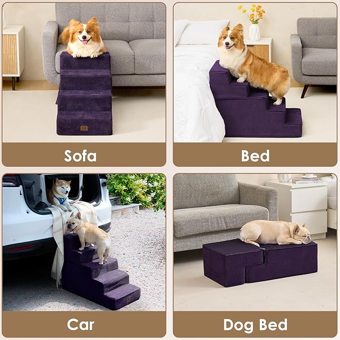 EHEYCIGA Dog Stairs for High Bed 22.5" H, 5-Step Dog Steps for Bed, Pet Steps for Small Dogs and Cats, Non-Slip Balanced Pet Ramp Indoor, Purple