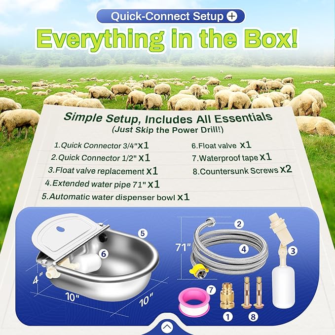 Automatic Animal Drinking Water Bowl with Drain Hole & Float Valve, 71" Extended Pipe, Stainless Steel Waterer Feeder Farm Dog Dispenser Kit Self Filling for Livestock Horse Goat Water Trough