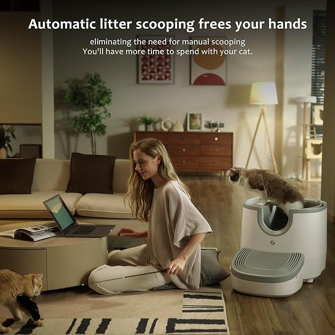 F8 Open-Top Automatic Litter Box Self Cleaning, Large Capacity for Multiple Cats with Integrated Safety Protection, Trash Bags Included