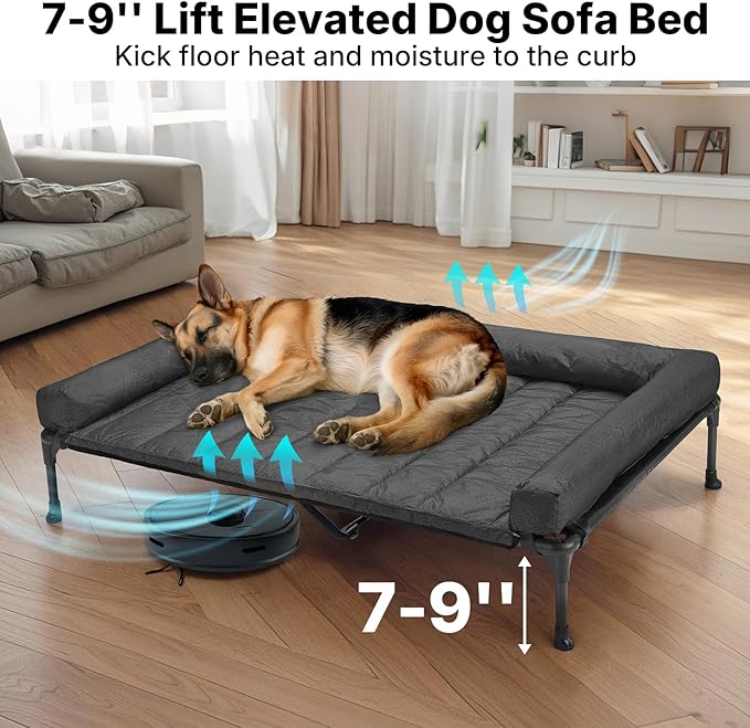 Veehoo Cooling Elevated Dog Bed Add Removable Waterproof Bolster Cushion Mat, Raised Pet Cot with Breathable Teslin Mesh, No-Slip Feet, Dog Couch Bed for Indoor Outdoor, 53 inches, Black