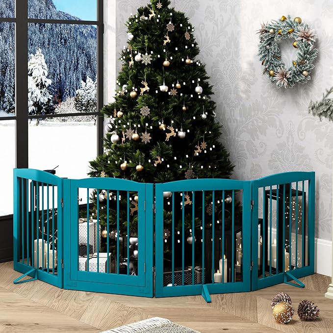 Freestanding Dog Gate with Door, Pet Gate for Stairs, 80 inch Wide Pet Barrier Indoor, Dog Fences Indoor, Support Feet Included, 4 Panels, 24" Tall, Blue