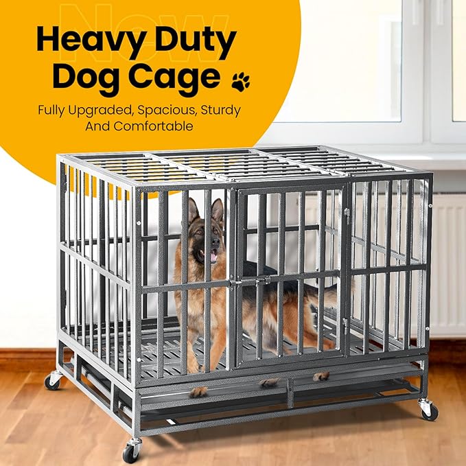 Oranland 38 inch Heavy Duty Indestructible Dog Crate,2025 New Upgraded Reinforced Baseplate for Large Dogs,XL Dog Crate for High Anxiety Dogs/Max Load Capacity 200lbs/Double Door with Wheels（Silver）