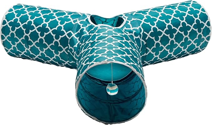 Cat Tunnel - Collapsible 3 Way Quatrefoil Play Toy - Tube Fun for Rabbits, Kittens, and Dogs - Quatrefoil Teal/White