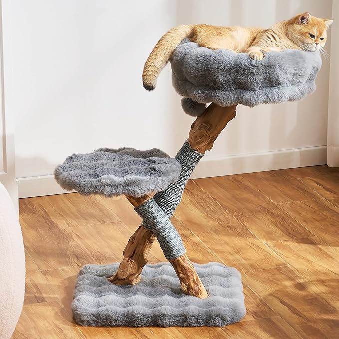 Natural Wood Cat Tree for Indoor Cats Adults, 33in Modern Cat Tree Tower with Super Soft Plush Cat Bed & Perch, Sisal Scratching Posts and Hanging Plush Ball, Frost Gray