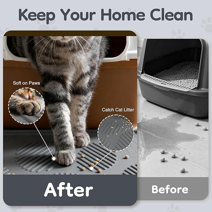 ISSEVE Cat Litter Mat 40" x 28" XL, Extra Large Silicone Mat for Litter Box, 1.38" Raised Edge Urine Proof Litter Trapping Mat Pad for Scatter Control, Soft on Kitty Paws, Protect Floor (Dark Grey)