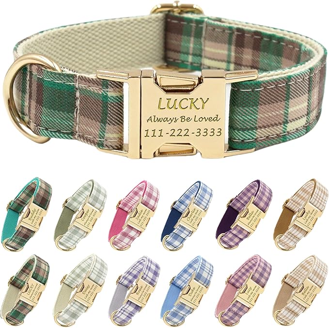 PETDURO Personalized Dog Collar Brown Green Plaid for Large Medium Dogs | Engraved Name and Phone Number on Gold Metal Buckle for Boys & Girls | Add Leash & Bow Tie via Customize Now